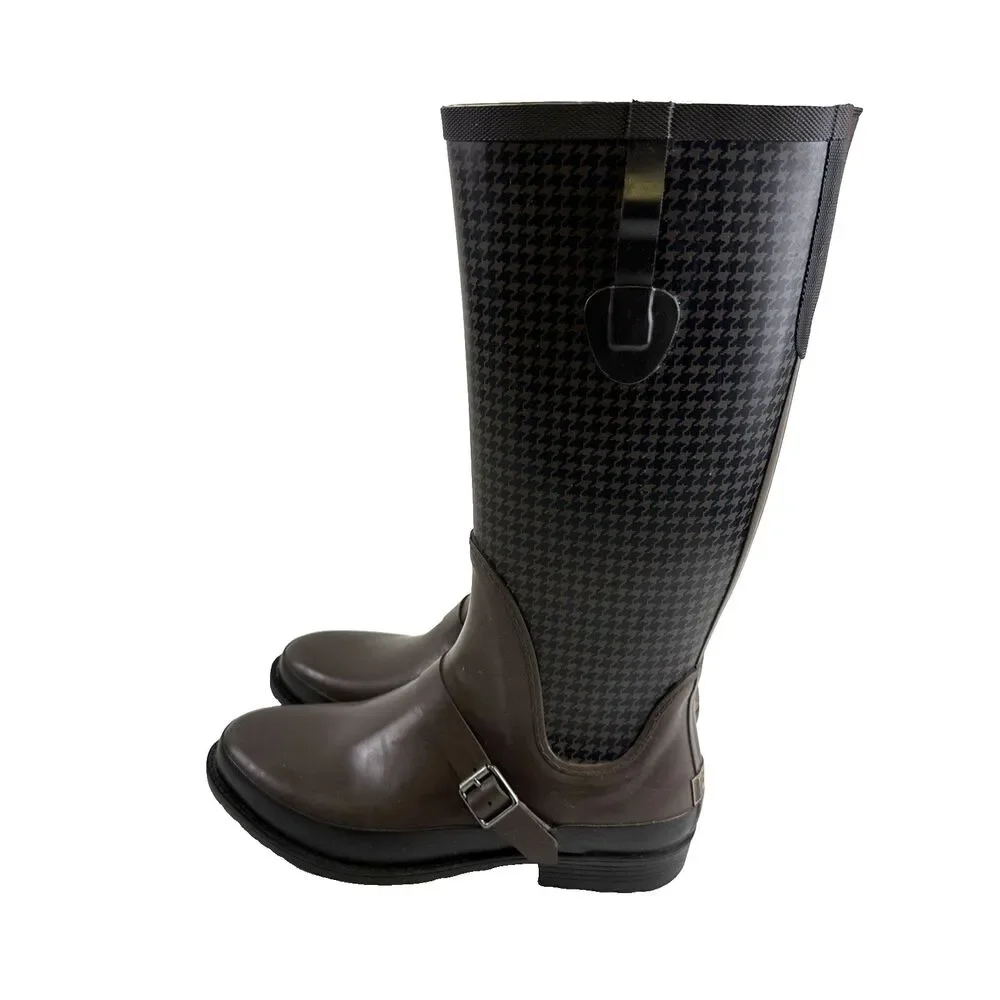 LL‎ Bean Wellie Houndstooth Tall Rain Boots Black Brown Pull On 296495 Womens 11